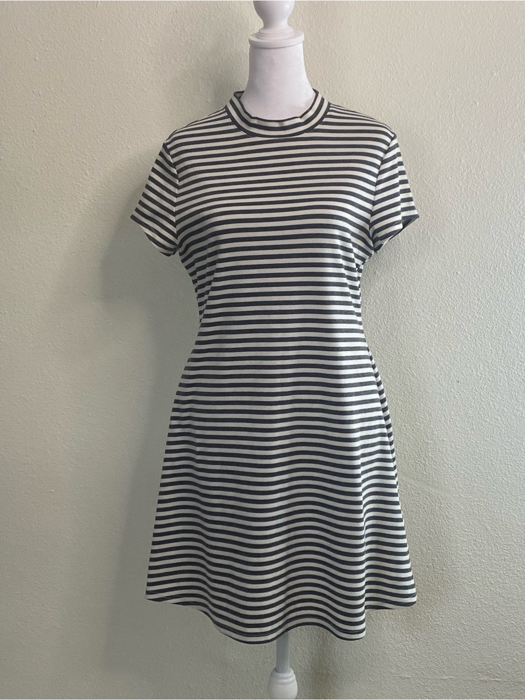 Free People Fp Beach A-Line Dress M Mock Neck White Gray Striped Coastal Preppy